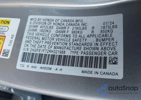 2024 Honda Civic Ex from USA, damaged, VIN 2HGFE1F72RH321988